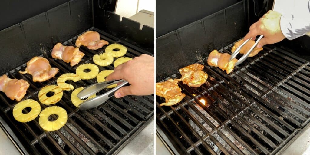 two picture collage showing pineapple slices and chicken thighs on the grill.