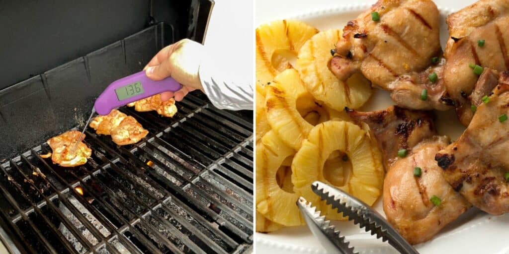 two picture collage showing checking temperature of chicken thighs on the grill and serving pineapple chicken on a white platter.