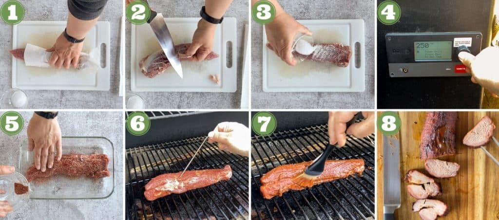 collage of eight process shot to make smoked pork tenderloin