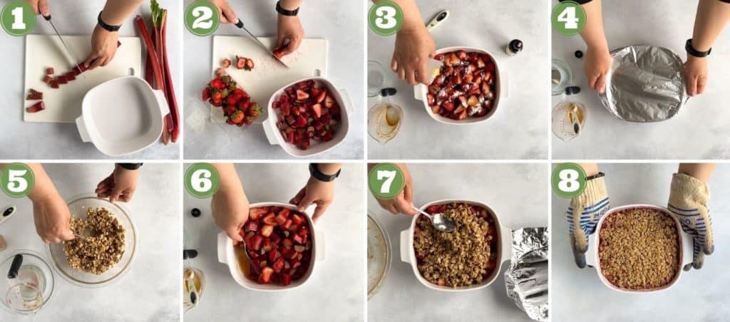 collage of process shots to make gluten free strawberry rhubarb crisp