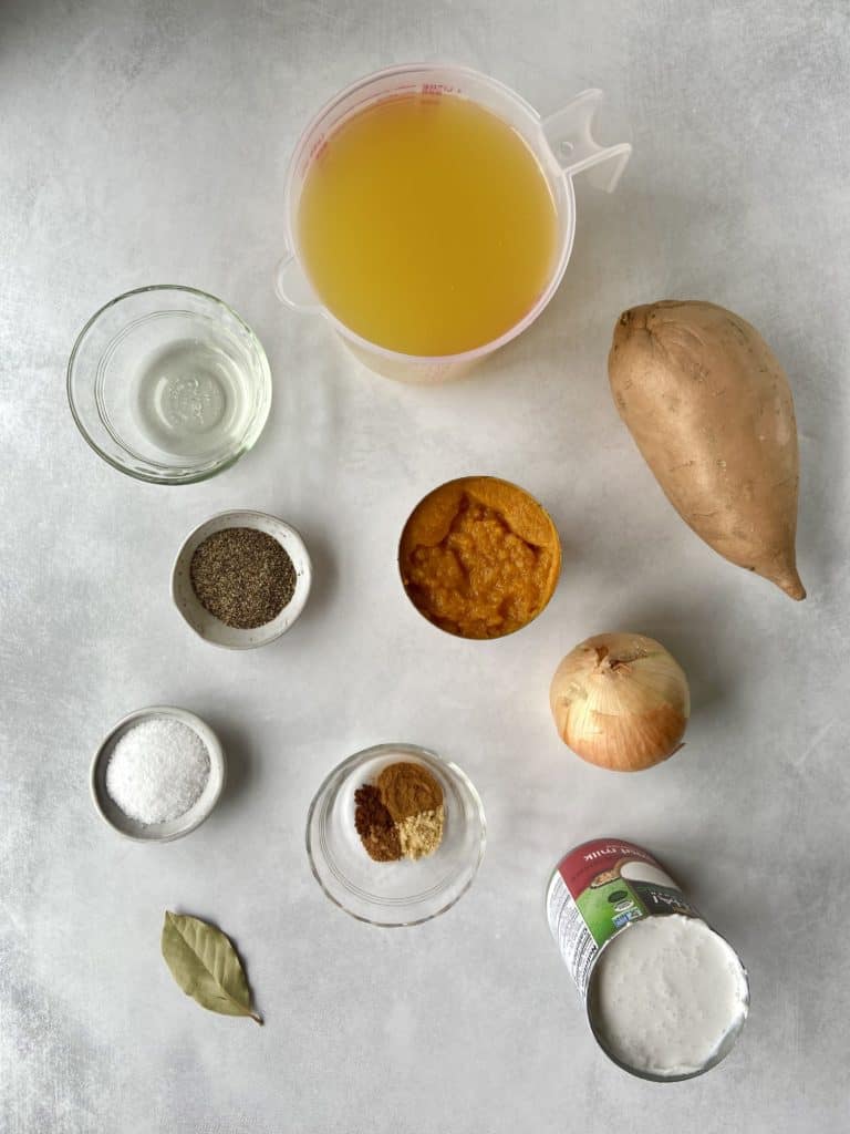 top down shot of ingredients for pumpkin sweet potato soup