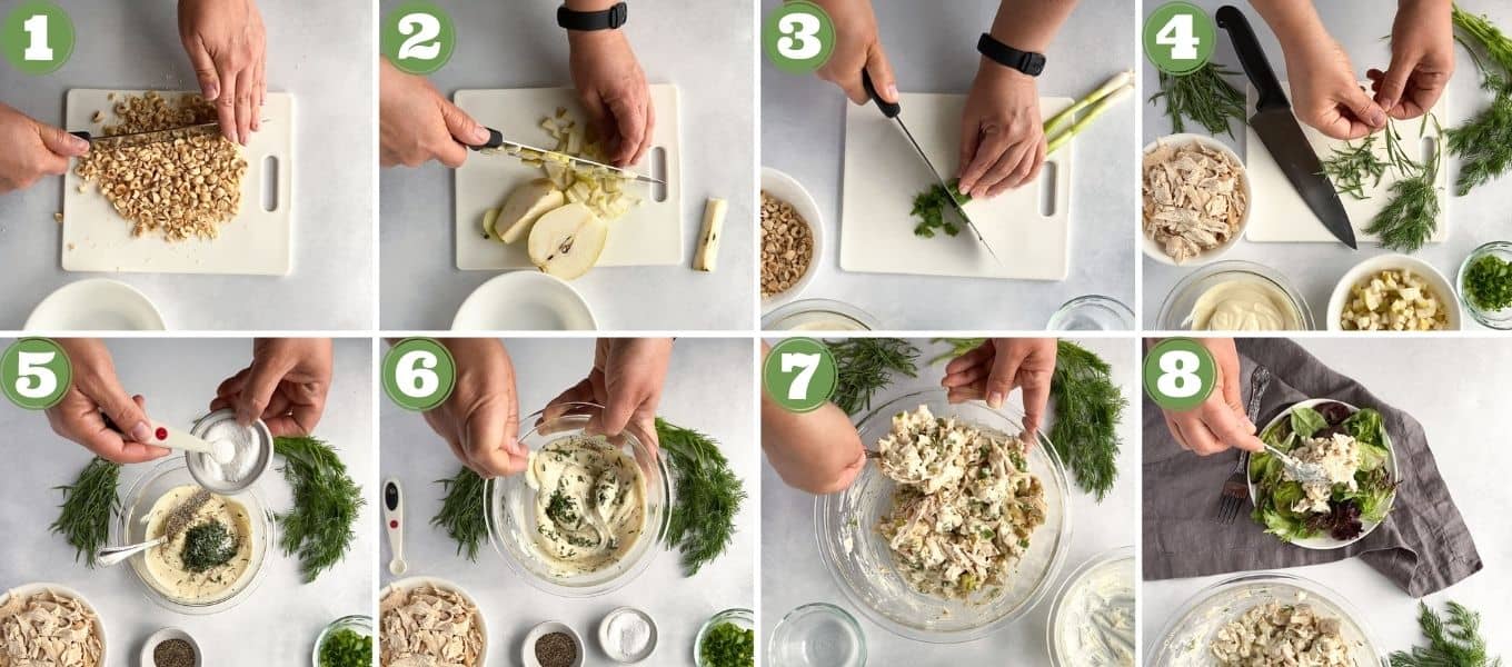 collage of 8 process shot for how to make chicken salad with pears