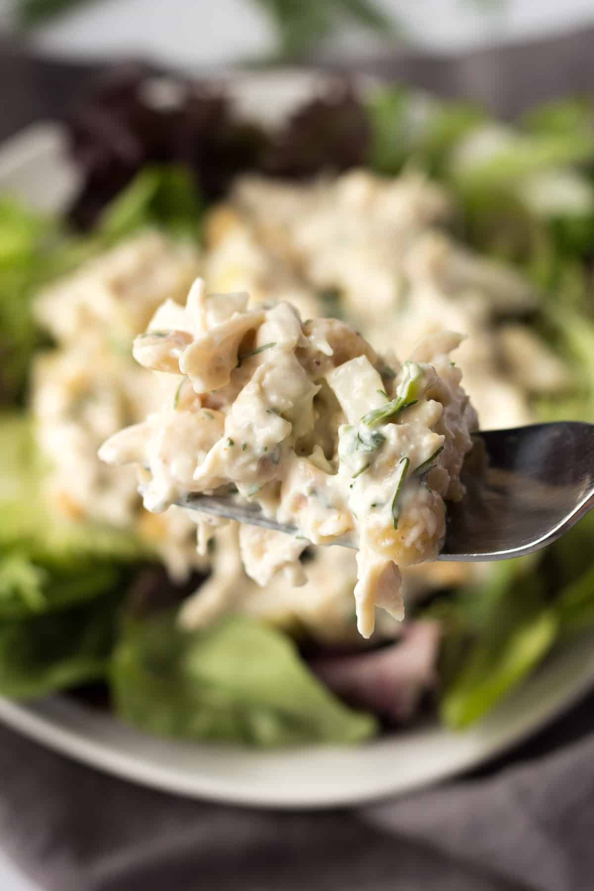 a close up of chicken salad with pear on a fork