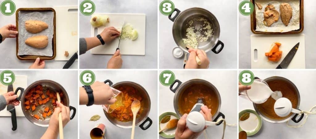 eight frame process shots of how to make pumpkin sweet potato soup