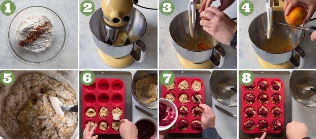 eight frame process shot of how to make gluten free cranberry orange muffins