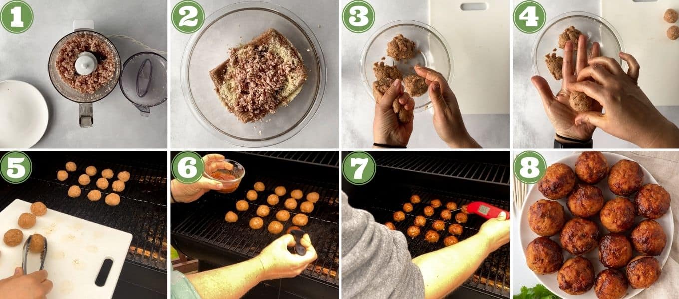 8 frame process collage of how to make bbq turkey meatballs.