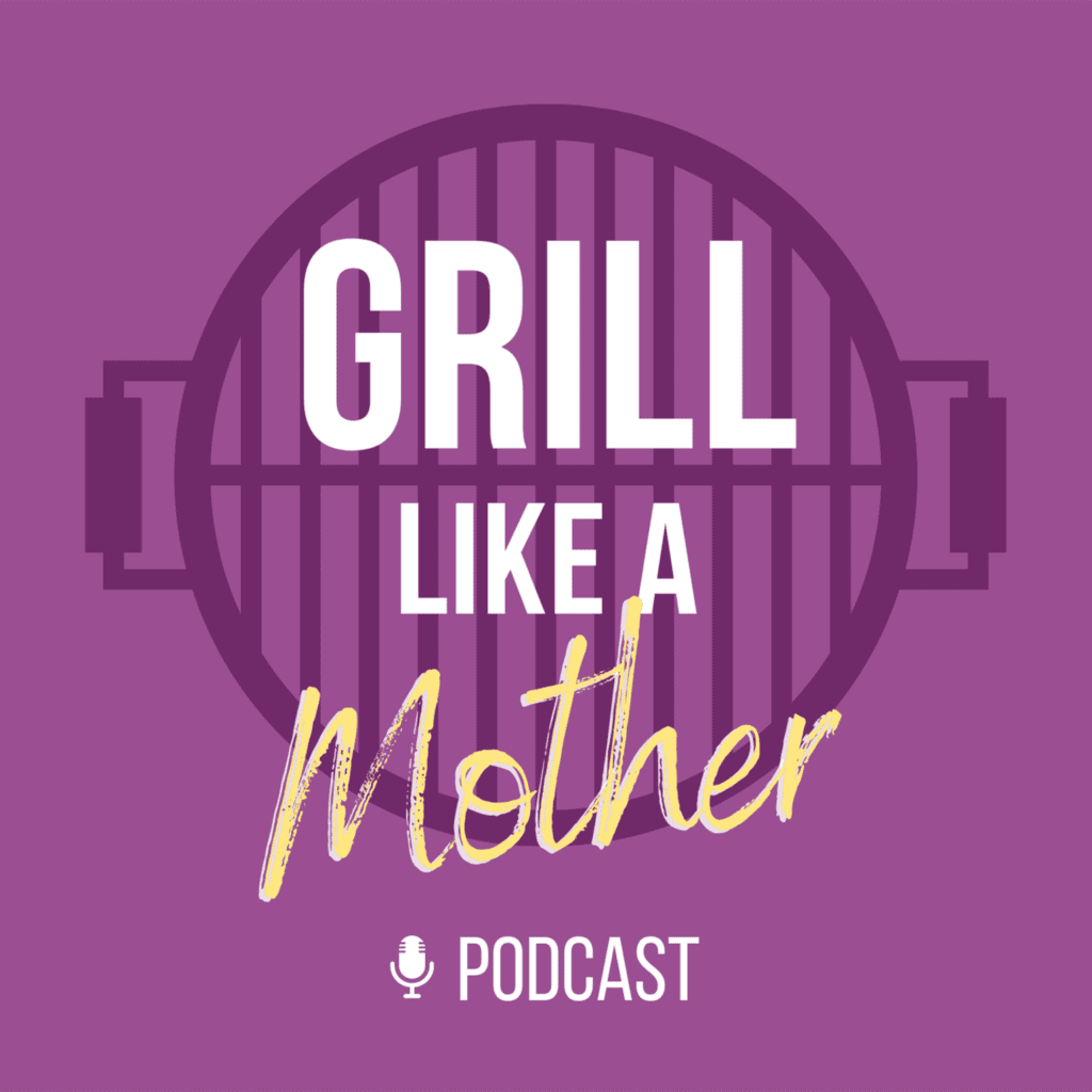 A dark purple outline of a grill on a lighter purple background with the words Grill Like A Mother Podcast over them