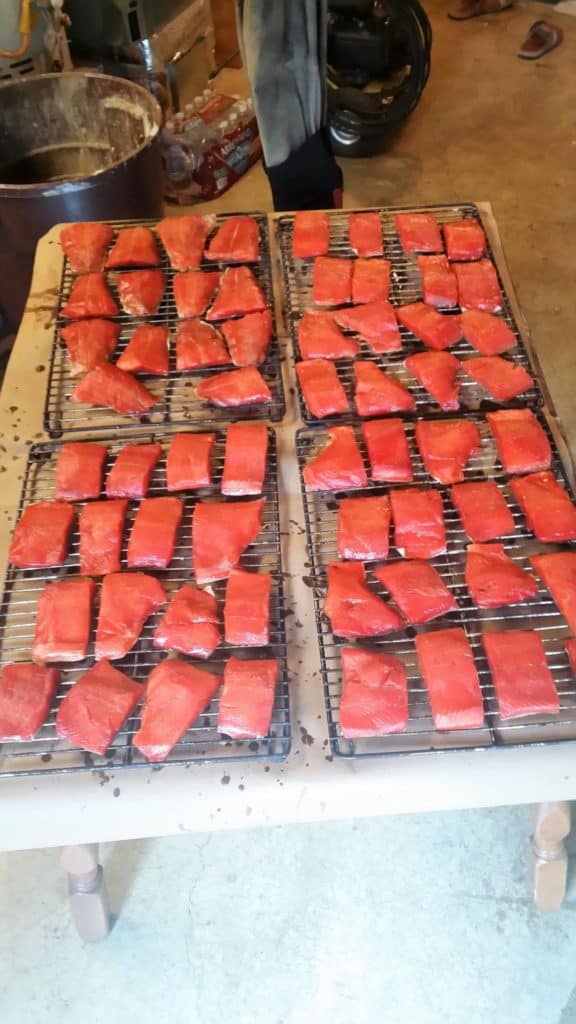 Shot of pieces of salmon laid out for smoking on racks. on a table.