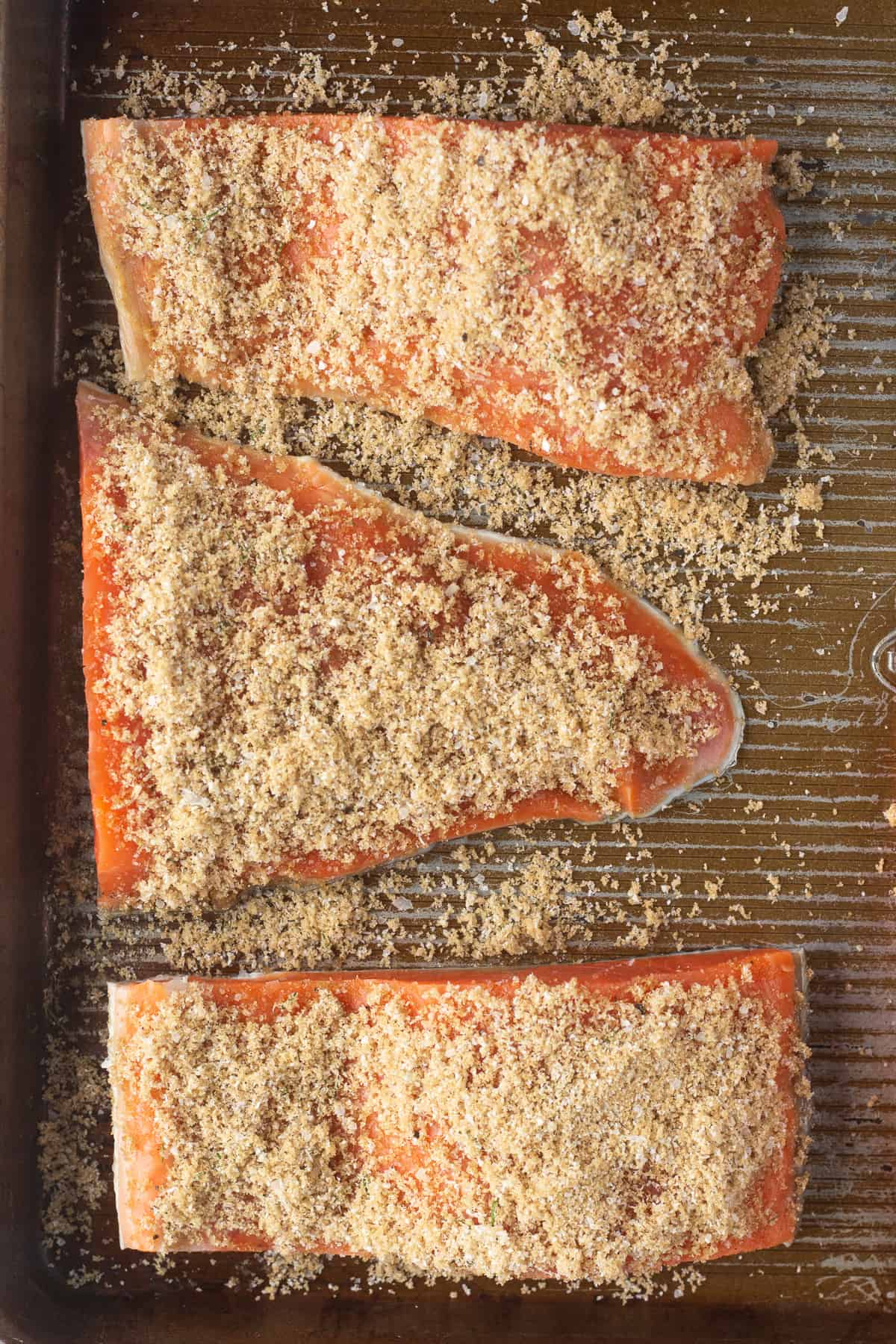 Top down shot of fresh salmon pieces on a wire rack covered with a sugar-salt brine