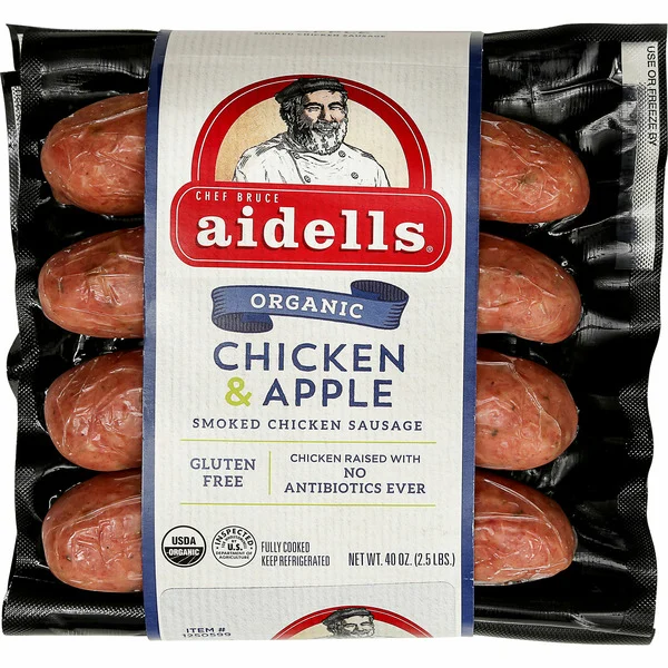 Aidells chicken and apple sausage in a package.