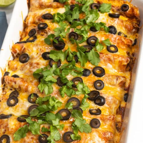 A large white casserole dish with turkey enchiladas in it, topped with sliced olives and cilantro.