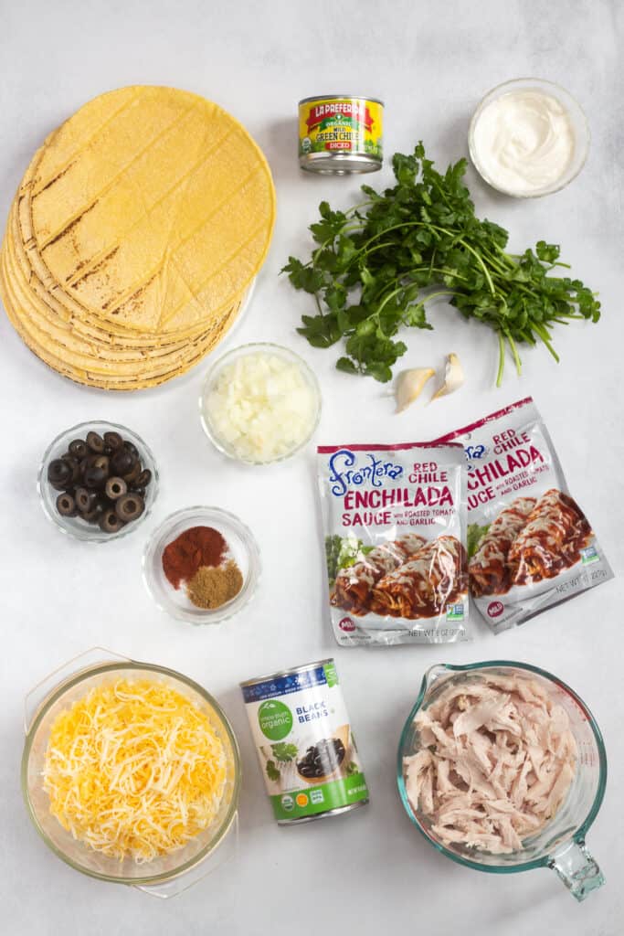 top down shot of ingredients for leftover turkey enchiladas