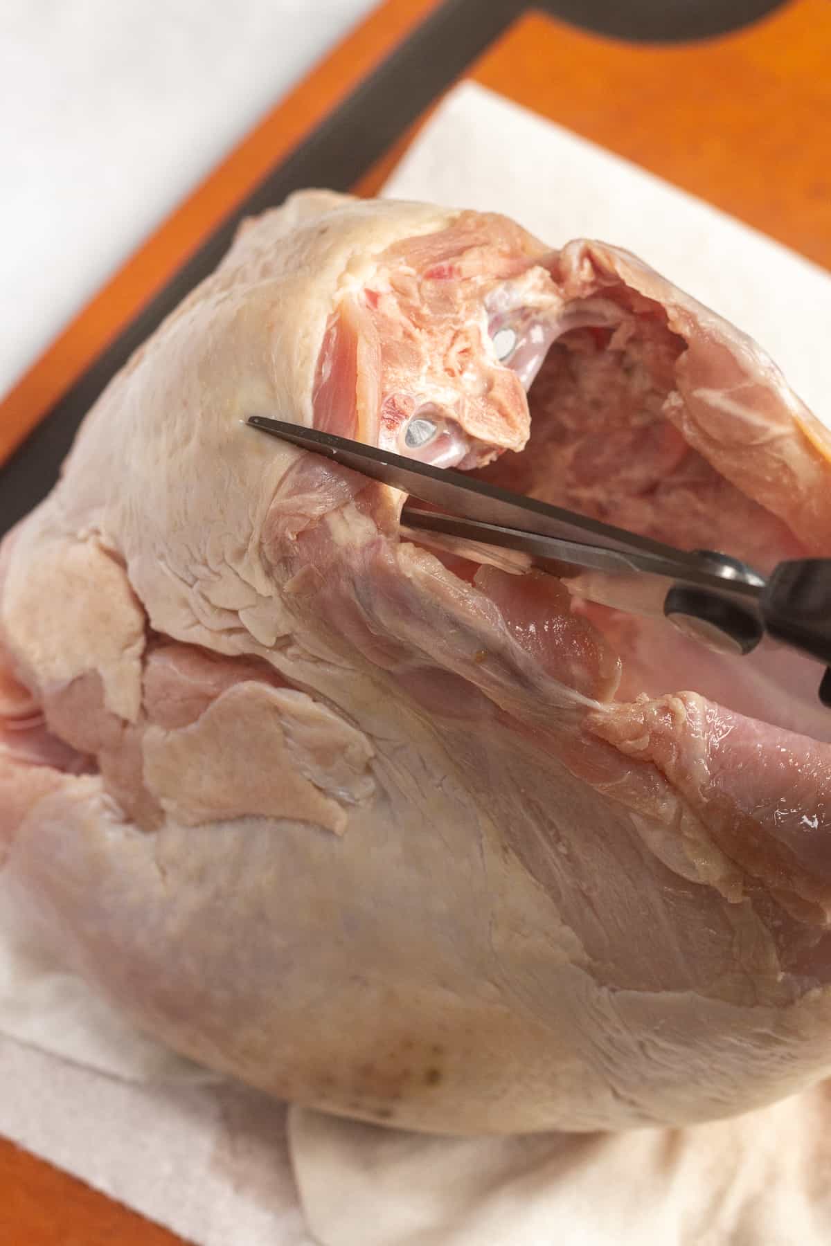 A pair of shears cutting into raw turkey breast