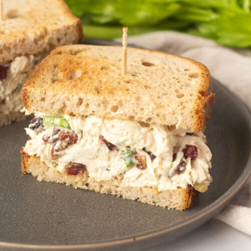 half a cranberry pecan chicken salad on a gray plate.
