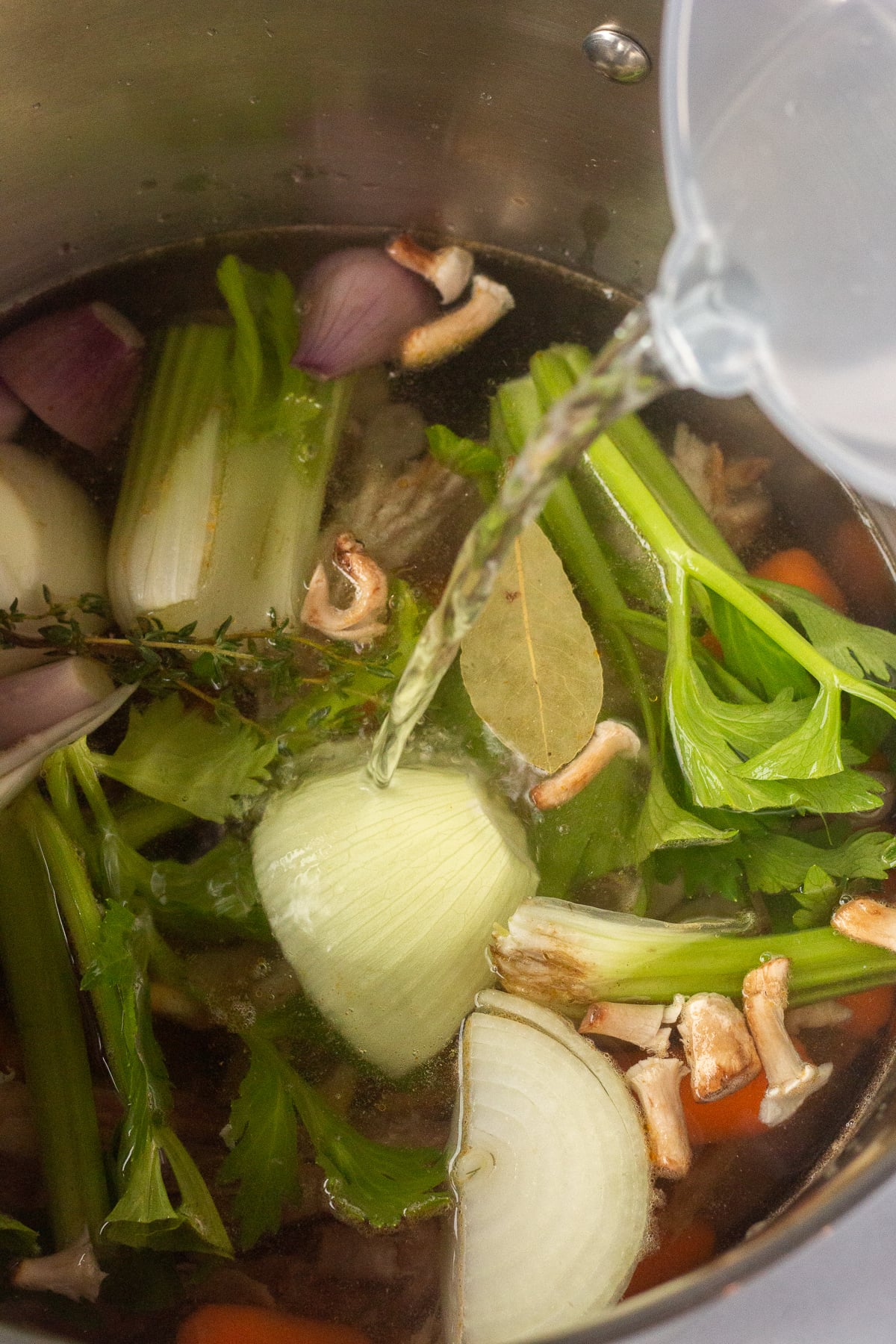 Water being poured into a large stock pot containing a chicken carcass and chopped up veggies.