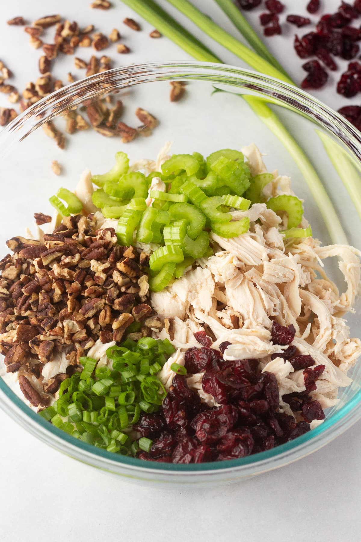 a large clear bowl with shredded chicken, chopped celery, pecans, diced green onions, and dried cranberries in it.