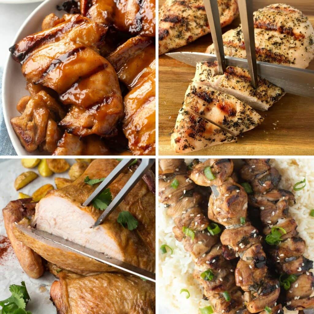 a four picture square collage of different types of grilled chicken. Clockwise from upper left: grilled chicken thighs, sliced grilled chicken breast, grilled chicken kabobs, and a whole smoked chicken.