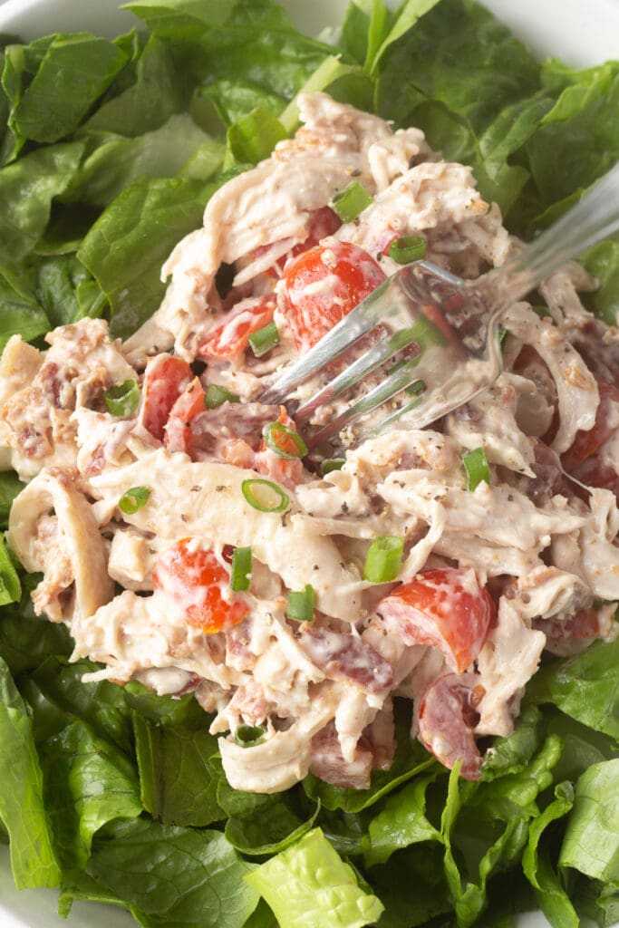 Close up of a fork poking into some BLT chicken salad on top of lettuce in a white bowl.