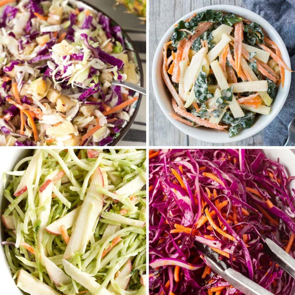 a square collage image with 4 pictures of different types of coleslaw. Clockwise from top left is pineapple coleslaw, kale and carrot coleslaw, purple coleslaw, and apple broccoli slaw.