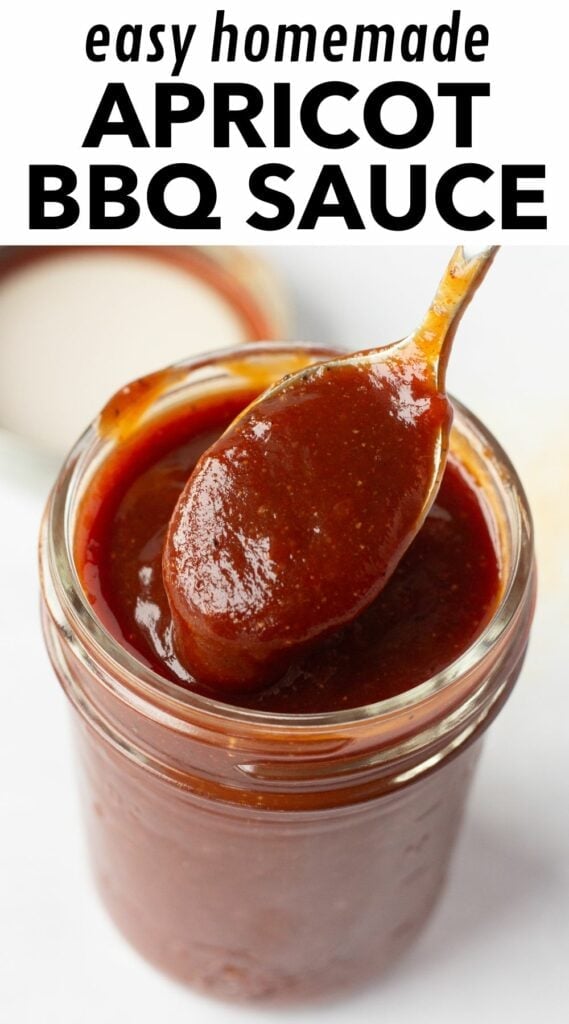 pin for for apricot bbq sauce with those words written in black on the top and a picture of the bbq sauce in a small mason jar with a spoon digging some out of it.