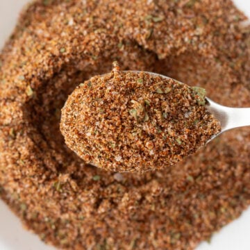 Top down close up of a small spoon holding taco seasoning over a plate with more seasoning on it.