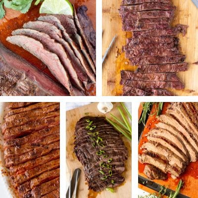 four image collage of different grilled flank and skirts steaks.